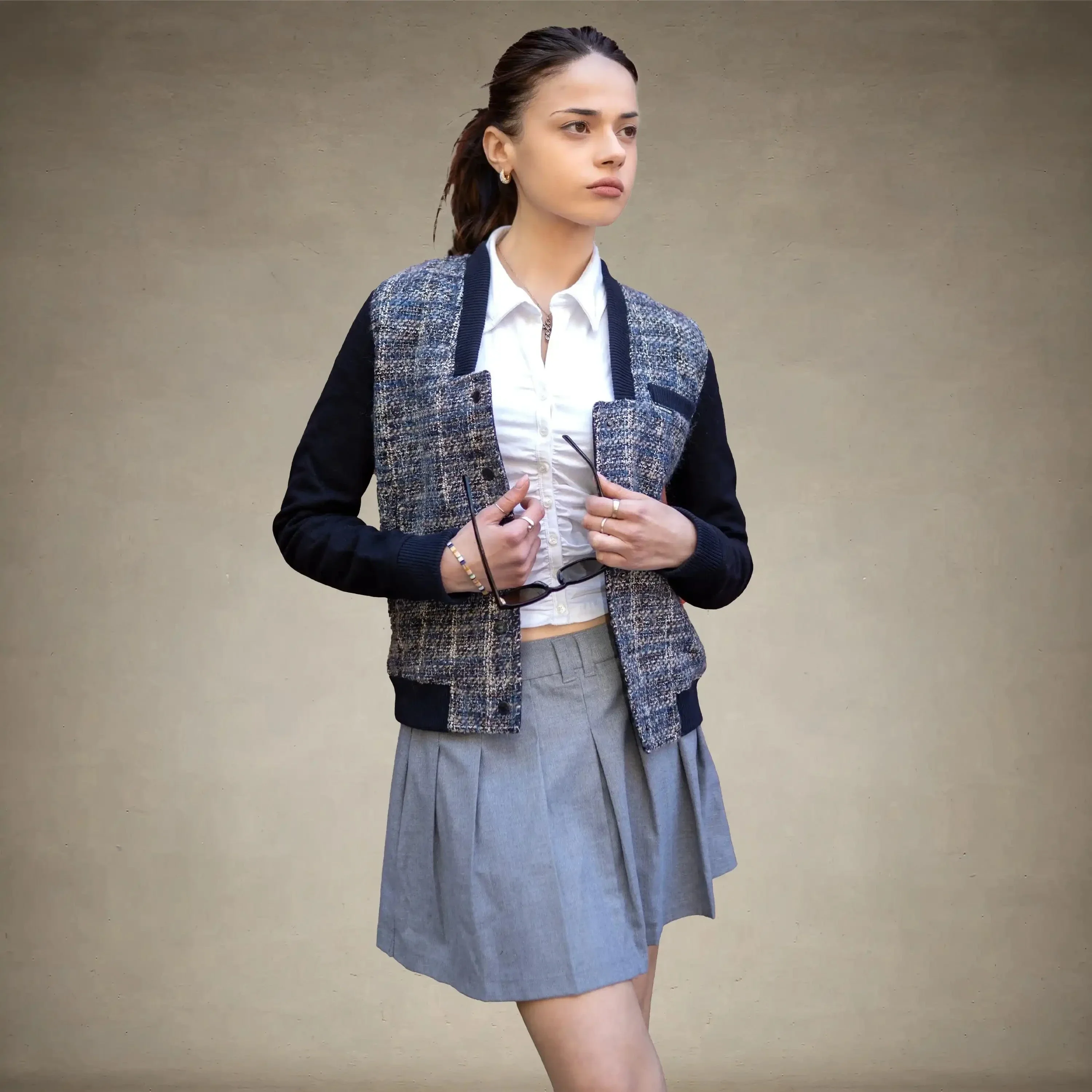 Women's Updated Tweed Varsity Jacket with Contrast Sleeve - FINAL SALE - Image 11
