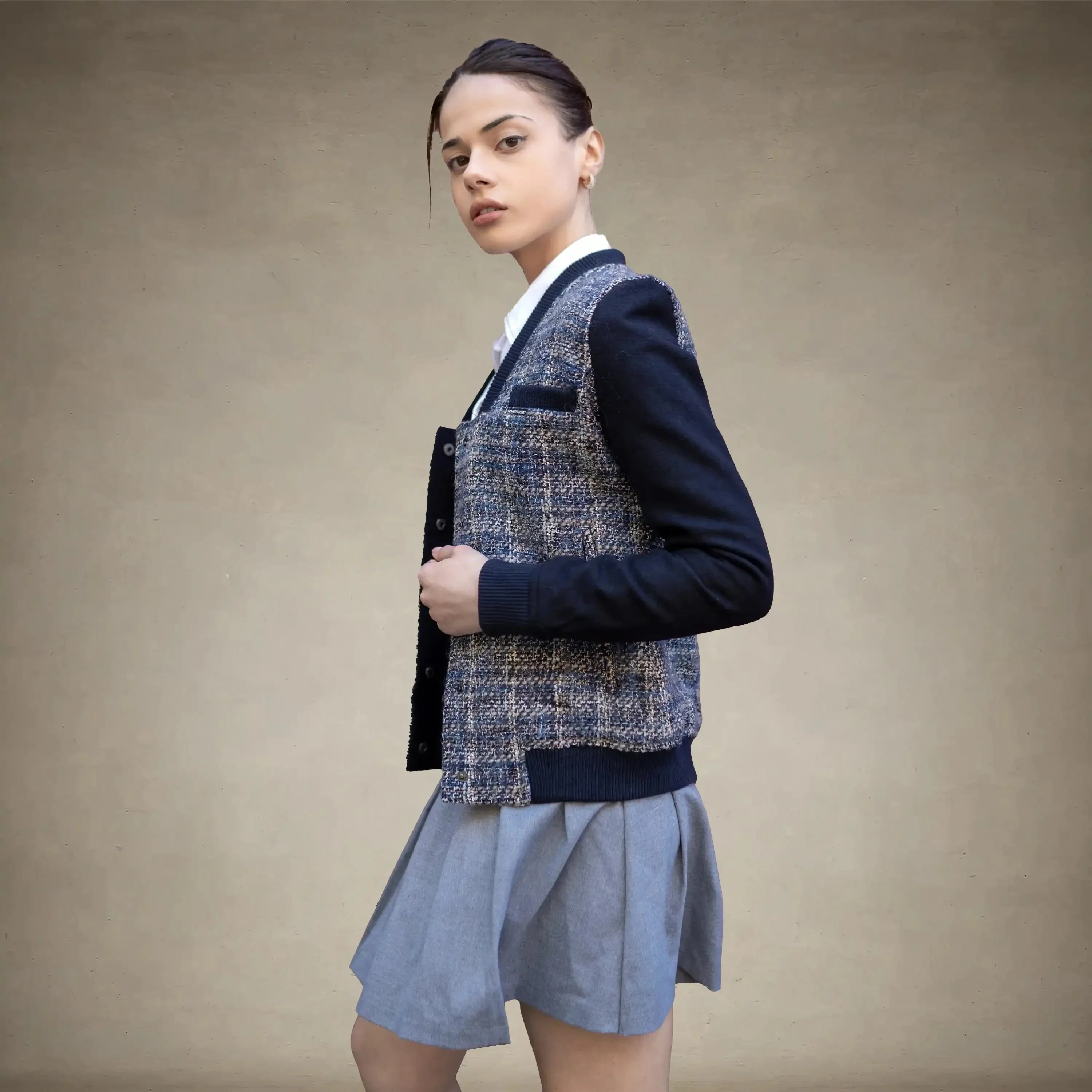 Women's Updated Tweed Varsity Jacket with Contrast Sleeve - FINAL SALE - Image 14
