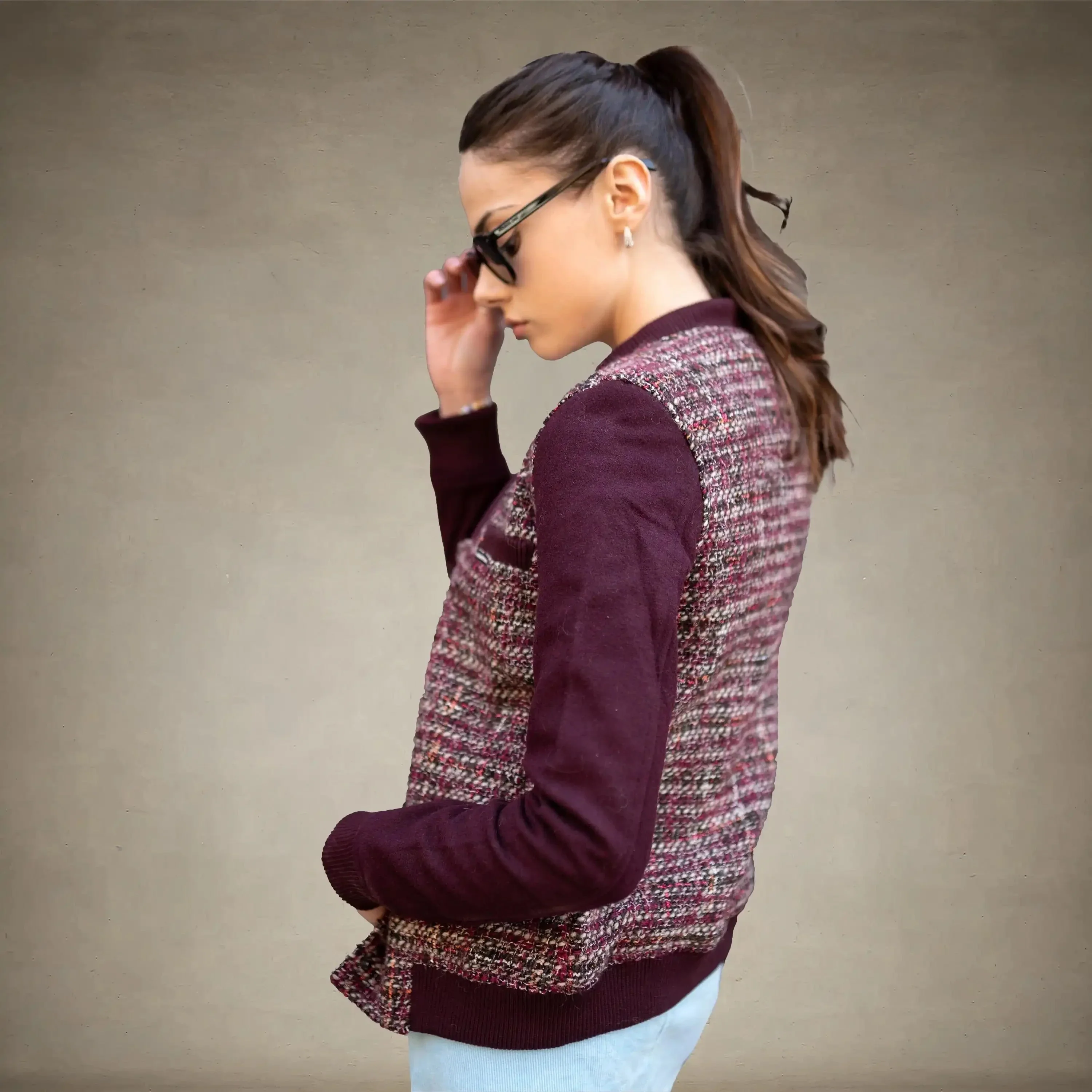 Women's Updated Tweed Varsity Jacket with Contrast Sleeve - FINAL SALE - Image 3