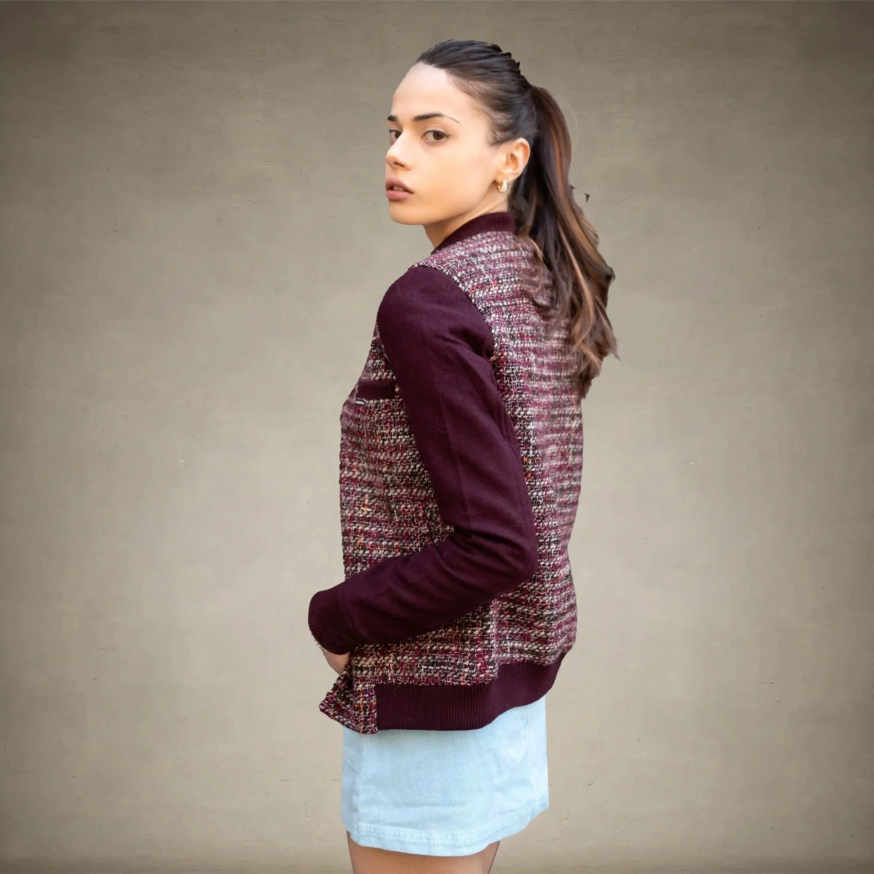 Women's Updated Tweed Varsity Jacket with Contrast Sleeve - FINAL SALE - Image 5