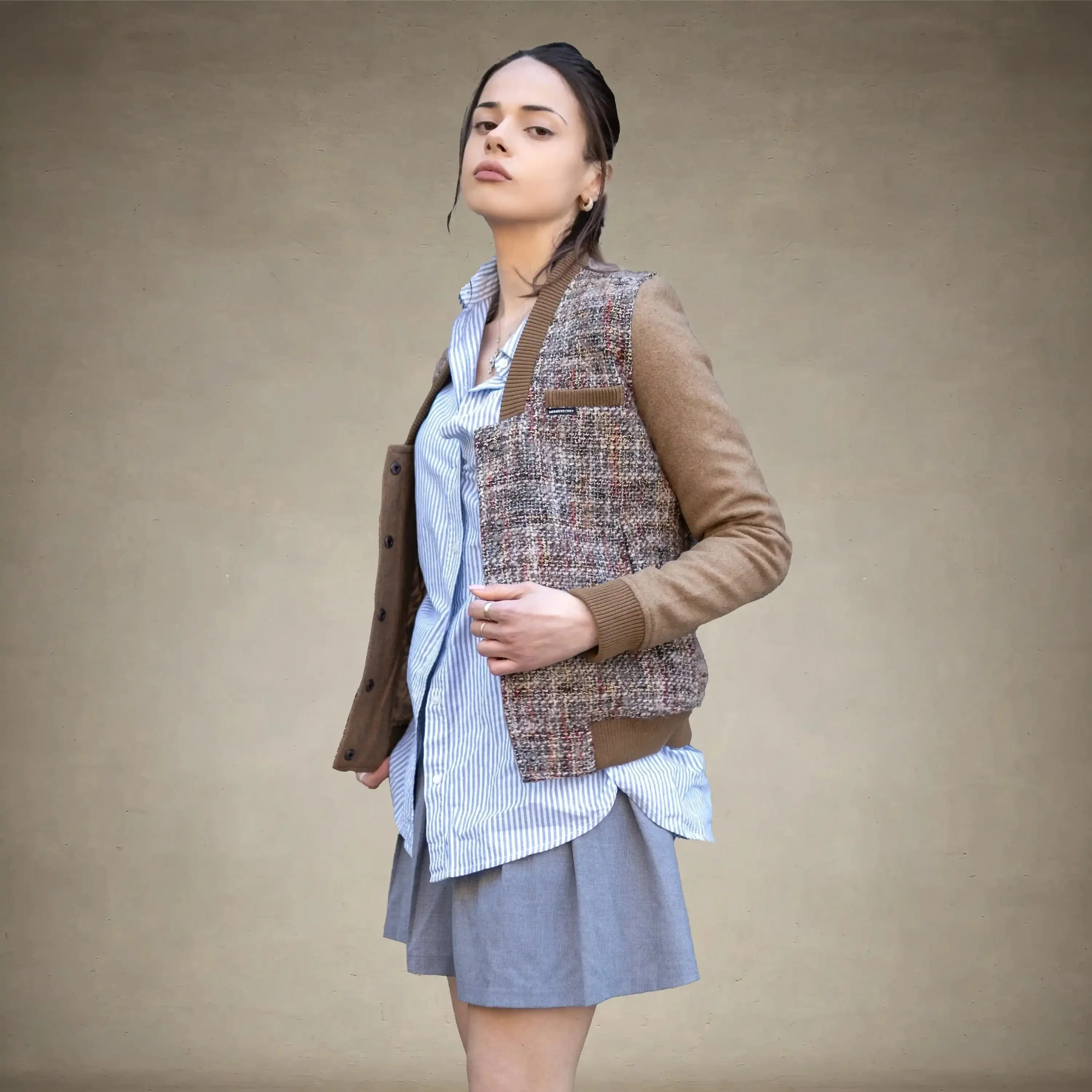 Women's Updated Tweed Varsity Jacket with Contrast Sleeve - FINAL SALE - Image 7