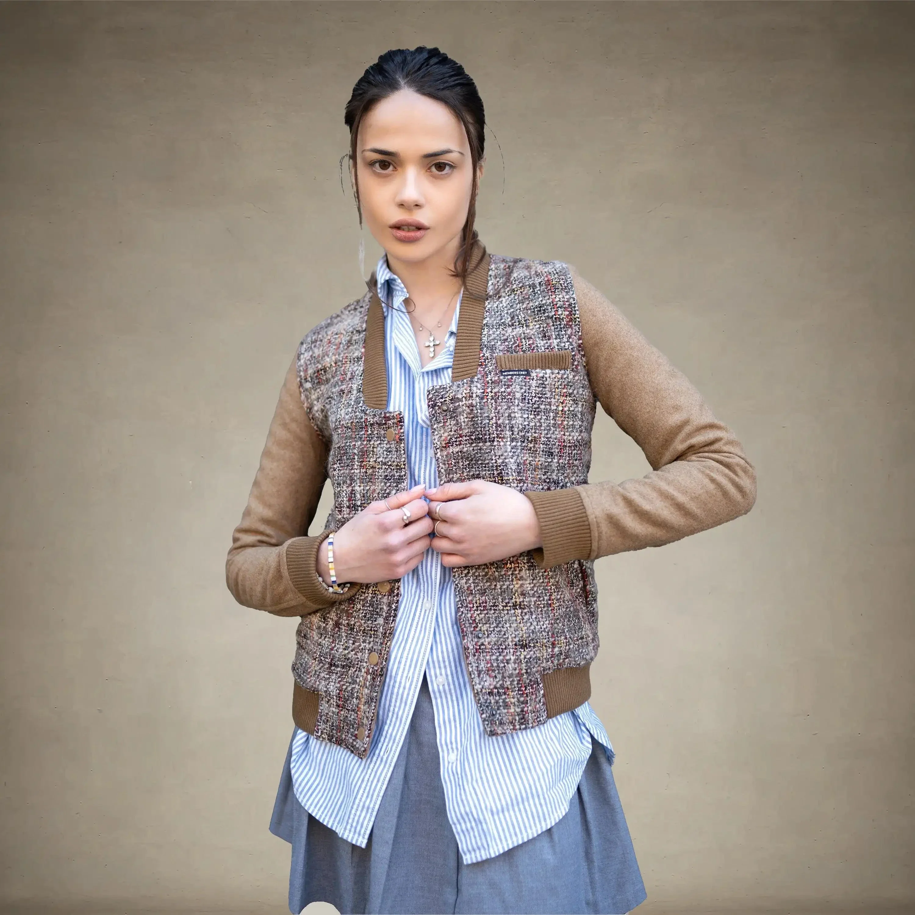 Women's Updated Tweed Varsity Jacket with Contrast Sleeve - FINAL SALE - Image 8