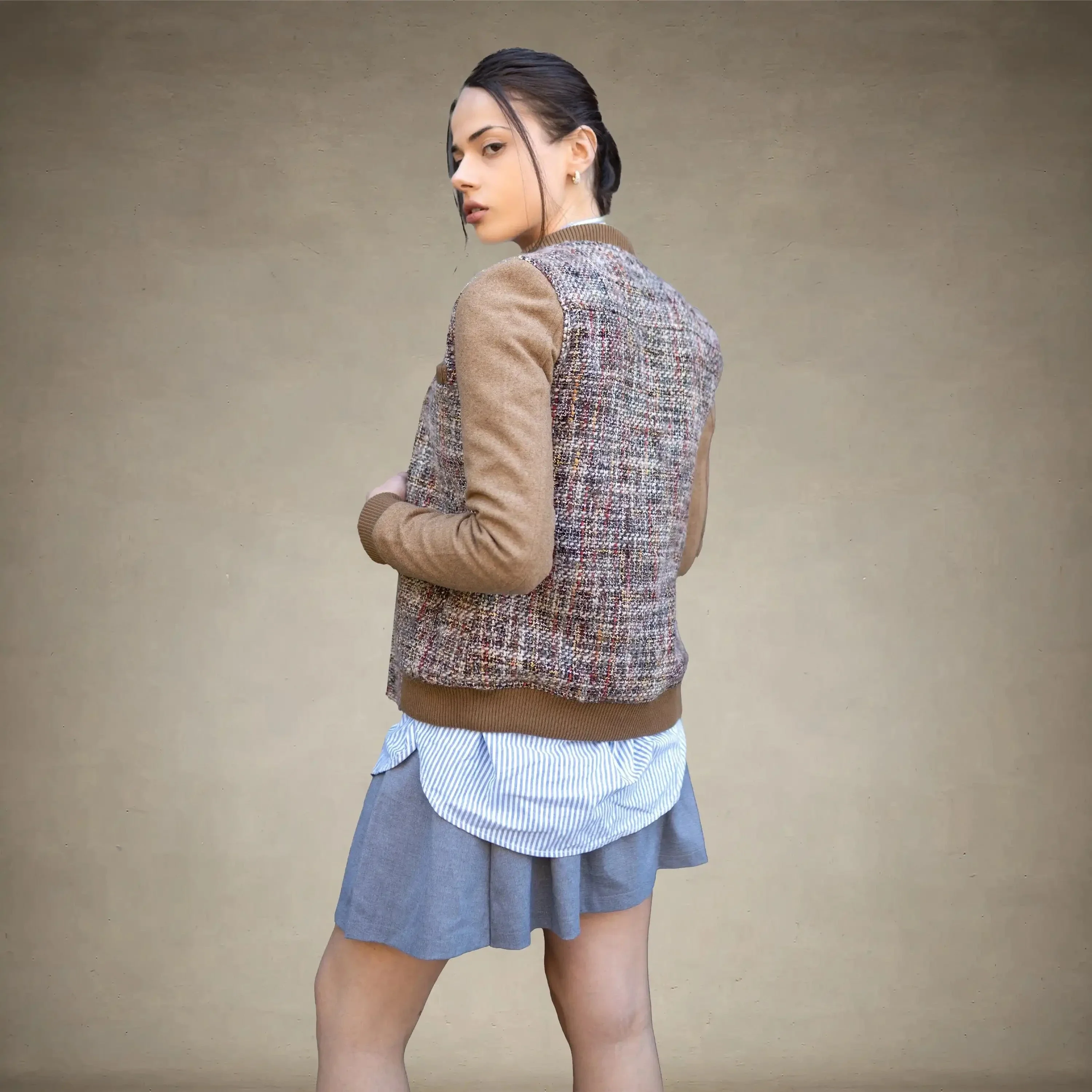 Women's Updated Tweed Varsity Jacket with Contrast Sleeve - FINAL SALE - Image 9